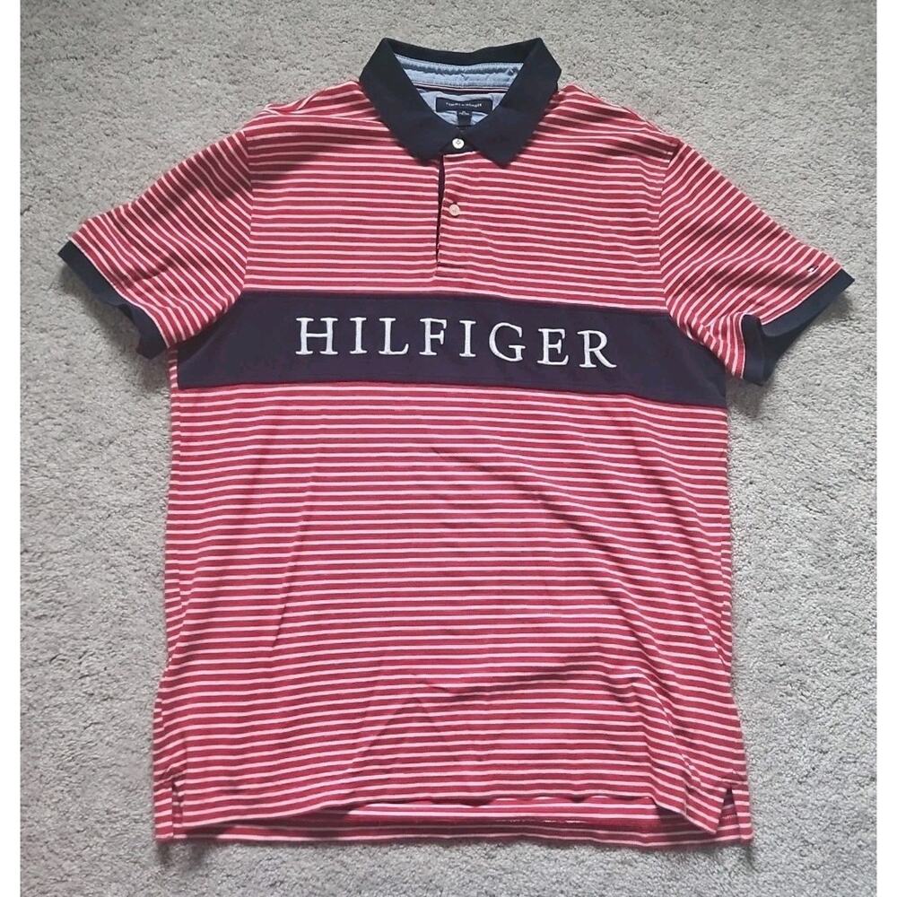 Tommy Hilfiger Polo Shirt Men's XL Red Striped Custom Fit Embroidered Logo